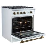 Marco 30-inch Gas Range White & Antique Brass Design, 4 Burners 37,000 BTU, 4.32 cu.ft