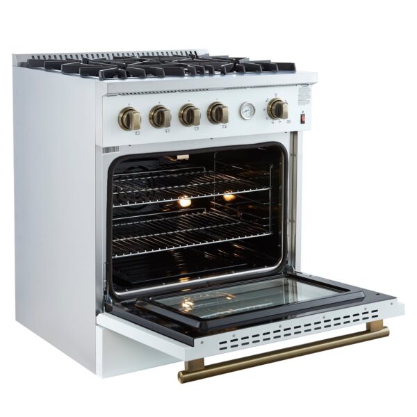 Marco 30-inch Gas Range White & Antique Brass Design, 4 Burners 37,000 BTU, 4.32 cu.ft