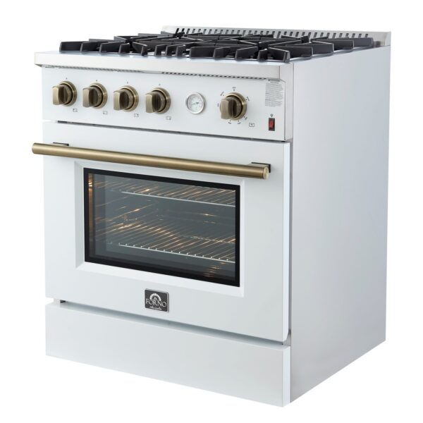 Marco 30-inch Gas Range White & Antique Brass Design, 4 Burners 37,000 BTU, 4.32 cu.ft