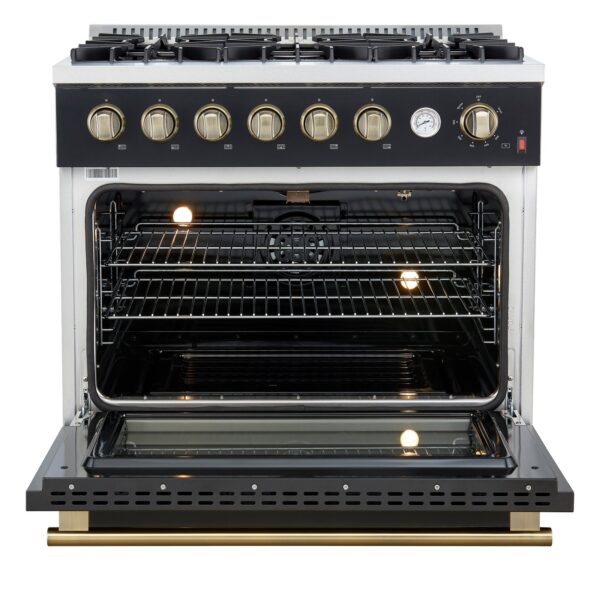 Marco 36-Inch Gas Range Black & Antique Brass Design, 6 Burners 67,000 BTU, 5.36 cu.ft