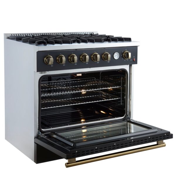 Marco 36-Inch Gas Range Black & Antique Brass Design, 6 Burners 67,000 BTU, 5.36 cu.ft