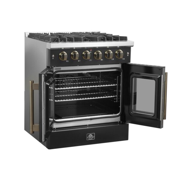 Forno Galiano 30-inch French Door Gas Range Black and Antique Brass Design, 5 Sealed Burners 68,000 BTU, 4.32 cu.ft. Convection Oven