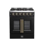 Forno Galiano 30-inch French Door Gas Range Black and Antique Brass Design, 5 Sealed Burners 68,000 BTU, 4.32 cu.ft. Convection Oven