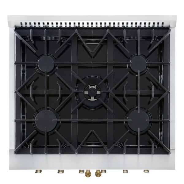 Forno Galiano 30-inch French Door Gas Range White with Antique Brass Design, 5 Burners, 68,000 BTU, 4.32 cu.ft. Convection Oven