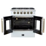 Forno Galiano 30-inch French Door Gas Range White with Antique Brass Design, 5 Burners, 68,000 BTU, 4.32 cu.ft. Convection Oven