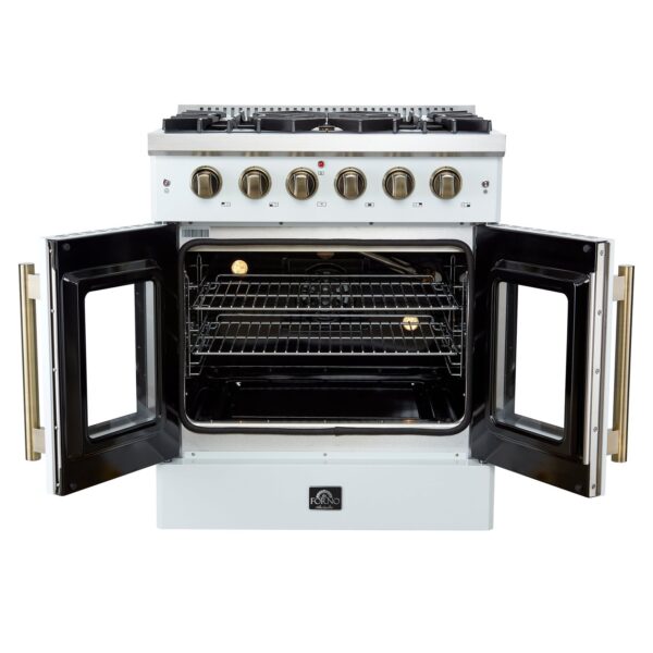 Forno Galiano 30-inch French Door Gas Range White with Antique Brass Design, 5 Burners, 68,000 BTU, 4.32 cu.ft. Convection Oven
