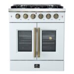 Forno Galiano 30-inch French Door Gas Range White with Antique Brass Design, 5 Burners, 68,000 BTU, 4.32 cu.ft. Convection Oven