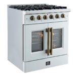 Forno Galiano 30-inch French Door Gas Range White with Antique Brass Design, 5 Burners, 68,000 BTU, 4.32 cu.ft. Convection Oven