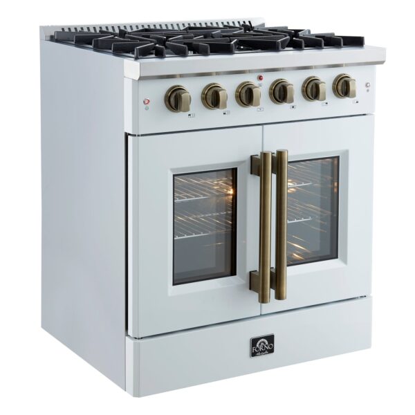 Forno Galiano 30-inch French Door Gas Range White with Antique Brass Design, 5 Burners, 68,000 BTU, 4.32 cu.ft. Convection Oven