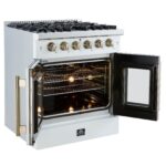 Forno Galiano 30-inch French Door Gas Range White with Antique Brass Design, 5 Burners, 68,000 BTU, 4.32 cu.ft. Convection Oven