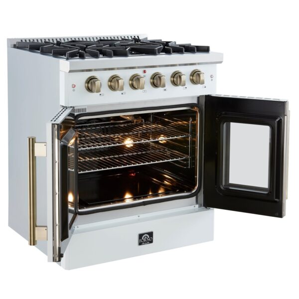 Forno Galiano 30-inch French Door Gas Range White with Antique Brass Design, 5 Burners, 68,000 BTU, 4.32 cu.ft. Convection Oven
