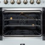 Forno Galiano 30-inch French Door Gas Range White with Antique Brass Design, 5 Burners, 68,000 BTU, 4.32 cu.ft. Convection Oven