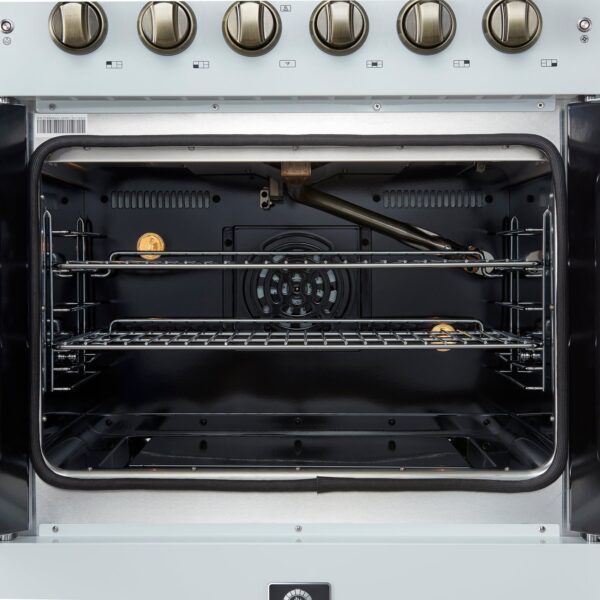 Forno Galiano 30-inch French Door Gas Range White with Antique Brass Design, 5 Burners, 68,000 BTU, 4.32 cu.ft. Convection Oven