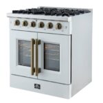 Forno Galiano 30-inch French Door Gas Range White with Antique Brass Design, 5 Burners, 68,000 BTU, 4.32 cu.ft. Convection Oven