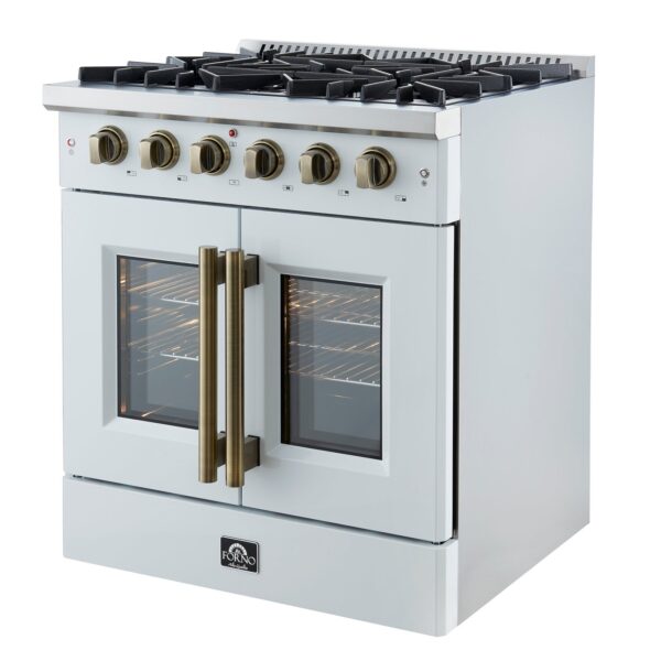 Forno Galiano 30-inch French Door Gas Range White with Antique Brass Design, 5 Burners, 68,000 BTU, 4.32 cu.ft. Convection Oven