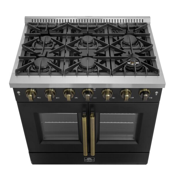 Forno Galiano 36-inch French Door Gas Range Black and Antique Brass Design