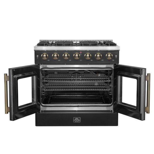 Forno Galiano 36-inch French Door Gas Range Black and Antique Brass Design