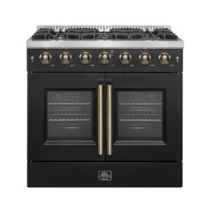 Forno Galiano 36-inch French Door Gas Range Black and Antique Brass Design