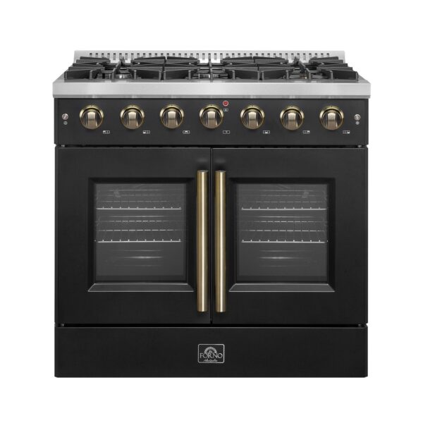 Forno Galiano 36-inch French Door Gas Range Black and Antique Brass Design