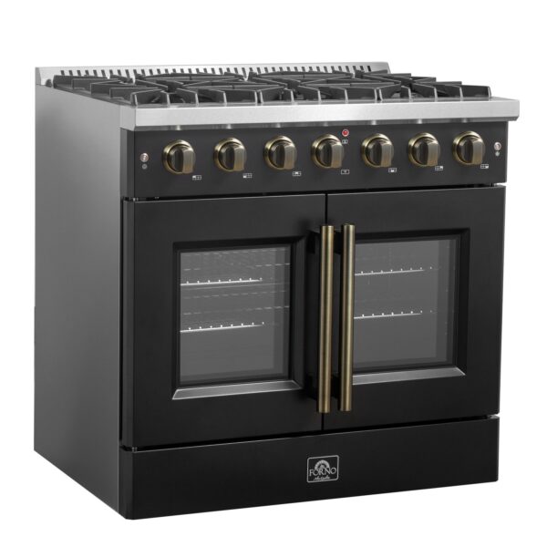 Forno Galiano 36-inch French Door Gas Range Black and Antique Brass Design