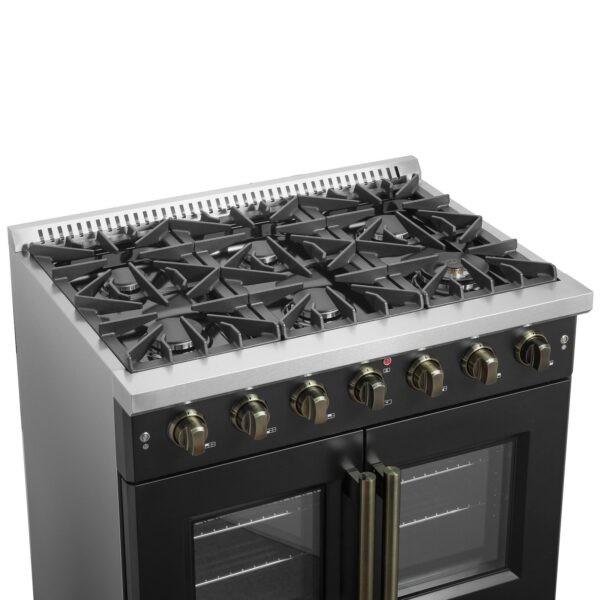 Forno Galiano 36-inch French Door Gas Range Black and Antique Brass Design