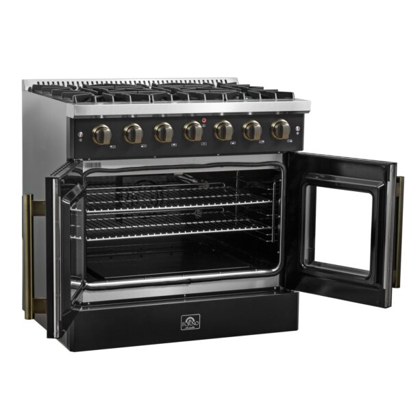 Forno Galiano 36-inch French Door Gas Range Black and Antique Brass Design