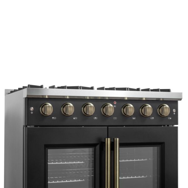 Forno Galiano 36-inch French Door Gas Range Black and Antique Brass Design
