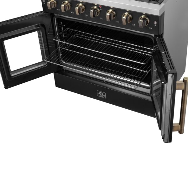 Forno Galiano 36-inch French Door Gas Range Black and Antique Brass Design