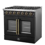 Forno Galiano 36-inch French Door Gas Range Black and Antique Brass Design
