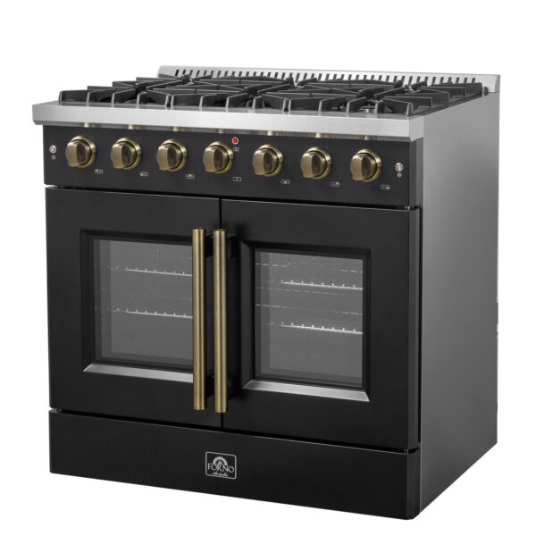 Forno Galiano 36-inch French Door Gas Range Black and Antique Brass Design