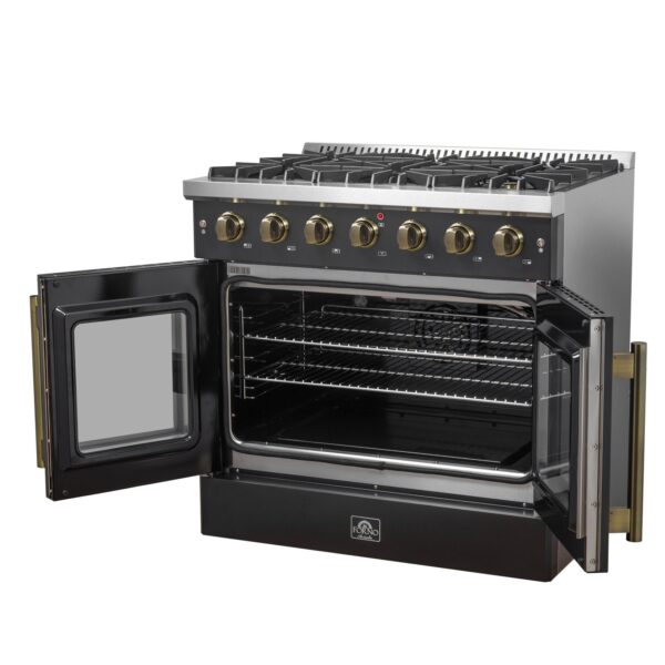 Forno Galiano 36-inch French Door Gas Range Black and Antique Brass Design