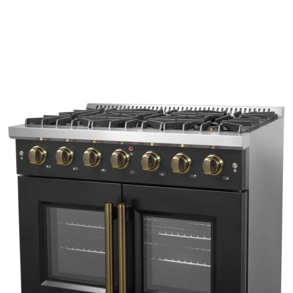 Forno Galiano 36-inch French Door Gas Range Black and Antique Brass Design