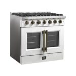 Forno Galiano 36-inch French Door Gas Range White and Antique Brass Design