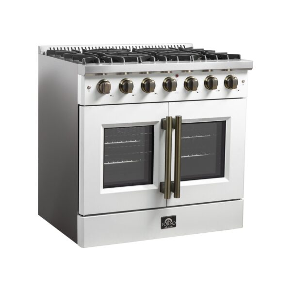 Forno Galiano 36-inch French Door Gas Range White and Antique Brass Design