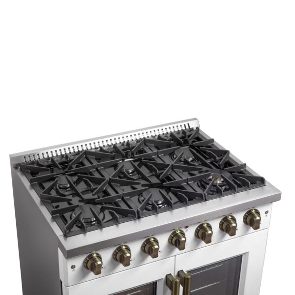 Forno Galiano 36-inch French Door Gas Range White and Antique Brass Design