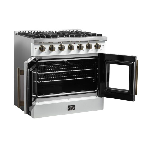 Forno Galiano 36-inch French Door Gas Range White and Antique Brass Design