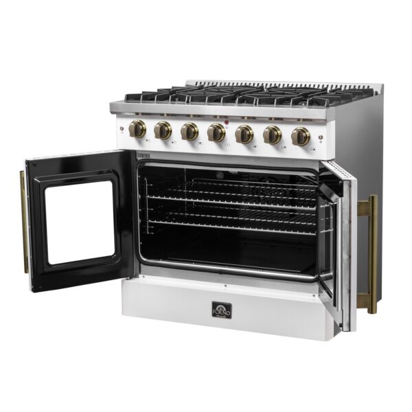 Forno Galiano 36-inch French Door Gas Range White and Antique Brass Design