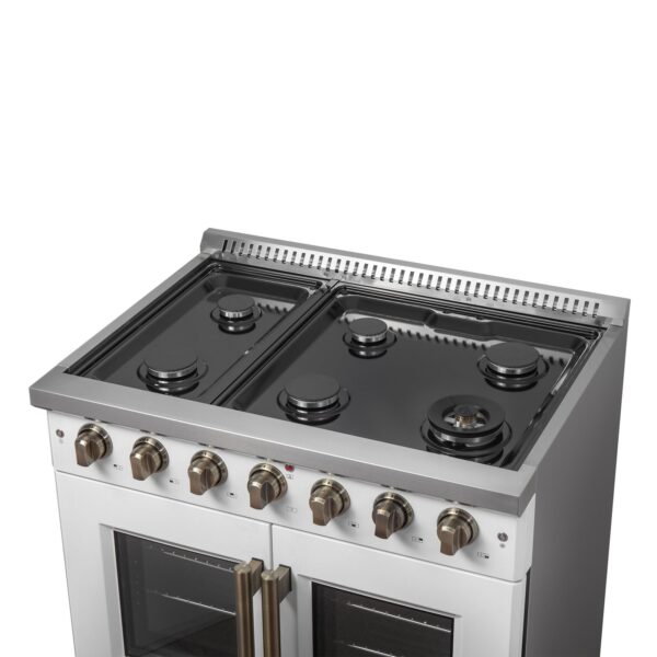 Forno Galiano 36-inch French Door Gas Range White and Antique Brass Design
