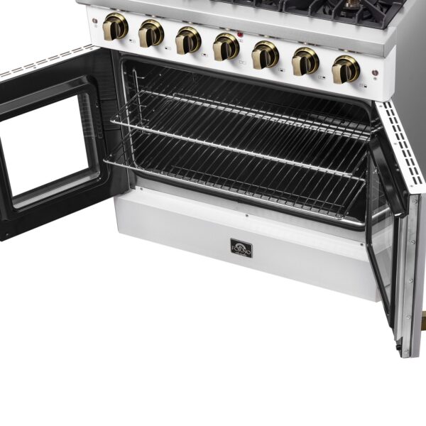 Forno Galiano 36-inch French Door Gas Range White and Antique Brass Design