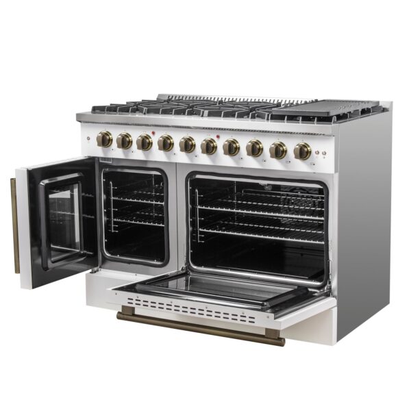 Forno Galiano 48-Inch Freestanding French Door Gas Range, White & Antique Brass