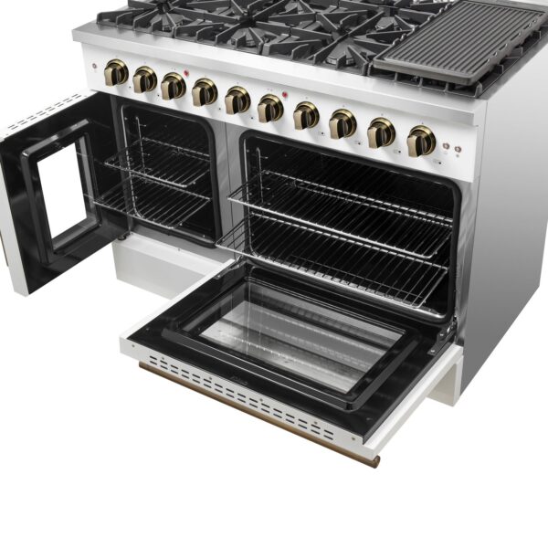 Forno Galiano 48-Inch Freestanding French Door Gas Range, White & Antique Brass