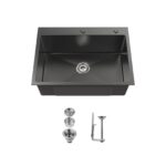 Stainless Steel Kitchen Sink, 27″x19″ Single Bowl, Overmount Handmade Sink in Black, with US Standard Drain and Hook, SS-BL02D-271908-2