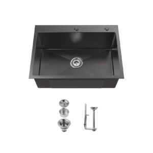 Stainless Steel Kitchen Sink, 27″x19″ Single Bowl, Overmount Handmade Sink in Black, with US Standard Drain and Hook, SS-BL02D-271908-2