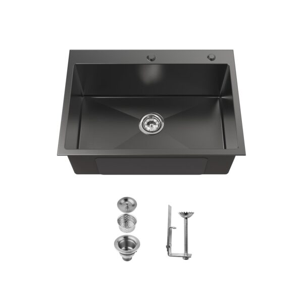 Stainless Steel Kitchen Sink, 27″x19″ Single Bowl, Overmount Handmade Sink in Black, with US Standard Drain and Hook, SS-BL02D-271908-2
