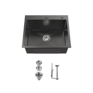 Stainless Steel Kitchen Sink, 23″x19″ Single Bowl, Overmount Handmade Sink in Black, with US Standard Drain and Hook, SS-BL02D-231908-2