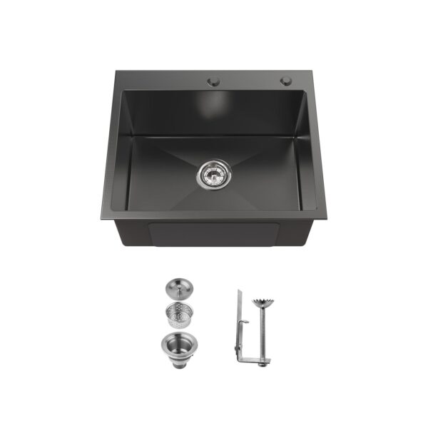 Stainless Steel Kitchen Sink, 23″x19″ Single Bowl, Overmount Handmade Sink in Black, with US Standard Drain and Hook, SS-BL02D-231908-2