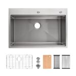 Stainless Steel Kitchen Sink, 33″x22″ Single Bowl, Overmount Handmade Sink in Brushed, with Cutting Board, Colander, Grid, LS-SSBR01
