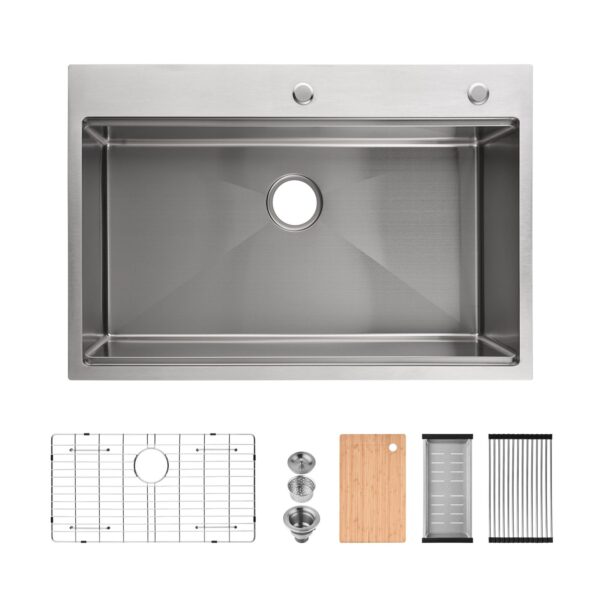 Stainless Steel Kitchen Sink, 33″x22″ Single Bowl, Overmount Handmade Sink in Brushed, with Cutting Board, Colander, Grid, LS-SSBR01