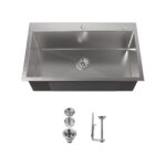 Stainless Steel Kitchen Sink, 32″x19″ Single Bowl, Overmount Handmade Sink in Brushed Nickel, with US Standard Drain and Hook, LS-SSBR02