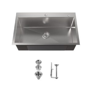 Stainless Steel Kitchen Sink, 32″x19″ Single Bowl, Overmount Handmade Sink in Brushed Nickel, with US Standard Drain and Hook, LS-SSBR02